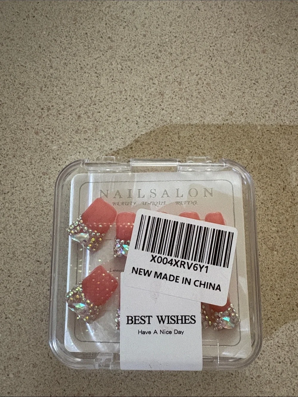 NailSalon Coral Pink Rhinestone Press-On Nails - Medium